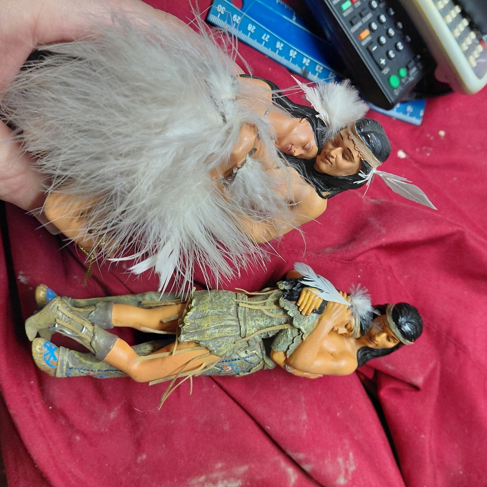 Native American Ceramic Figurine Set with Feathers